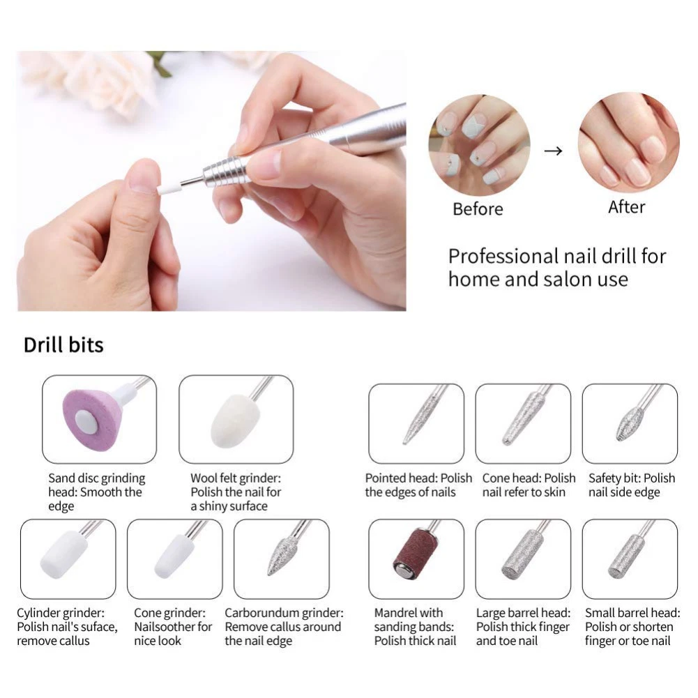 Kit de perceuse électrique Nail machine portable manucure Nail Art Jeu de fichiers de ongles de pédicure de plume