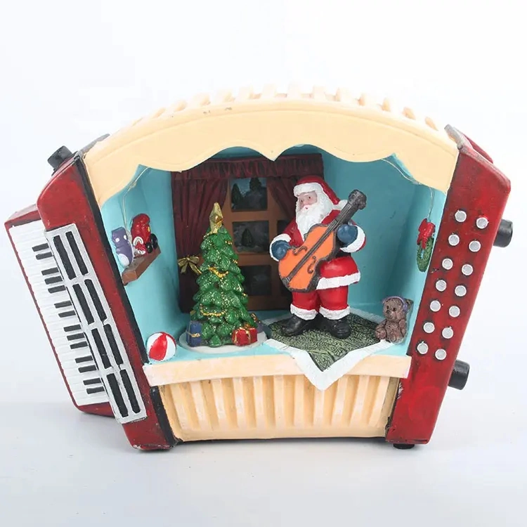 Customized Melody LED Lighted Musical Resin Accordion Figurine Xmas Village Scene Christmas Ornament