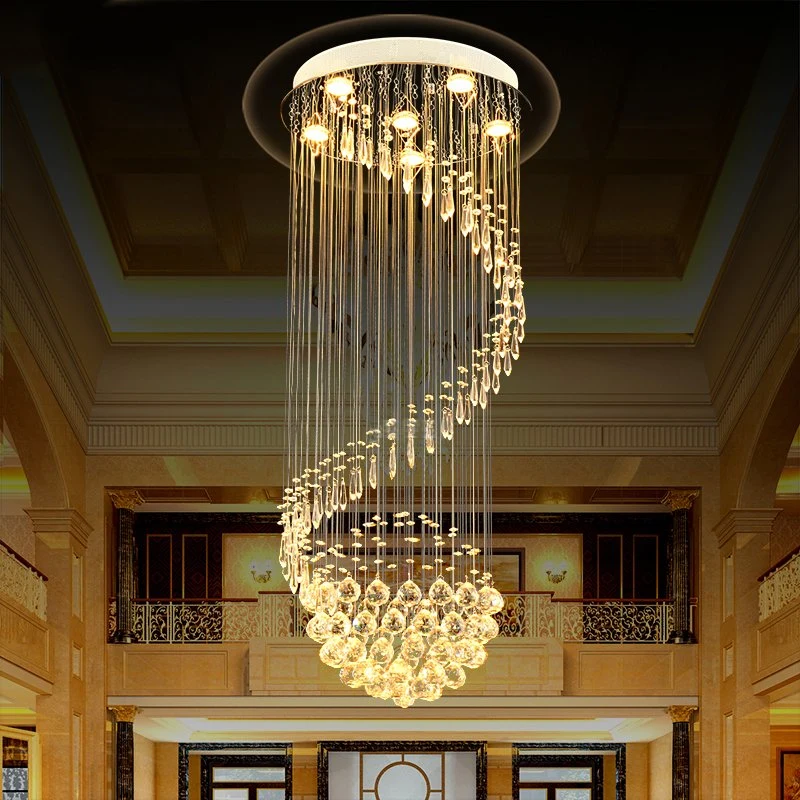 Factory Direct Sale Long Ceiling Light Rain Drop K9 Crystal Decor Hotel Villa Staircase Chandelier Fixture