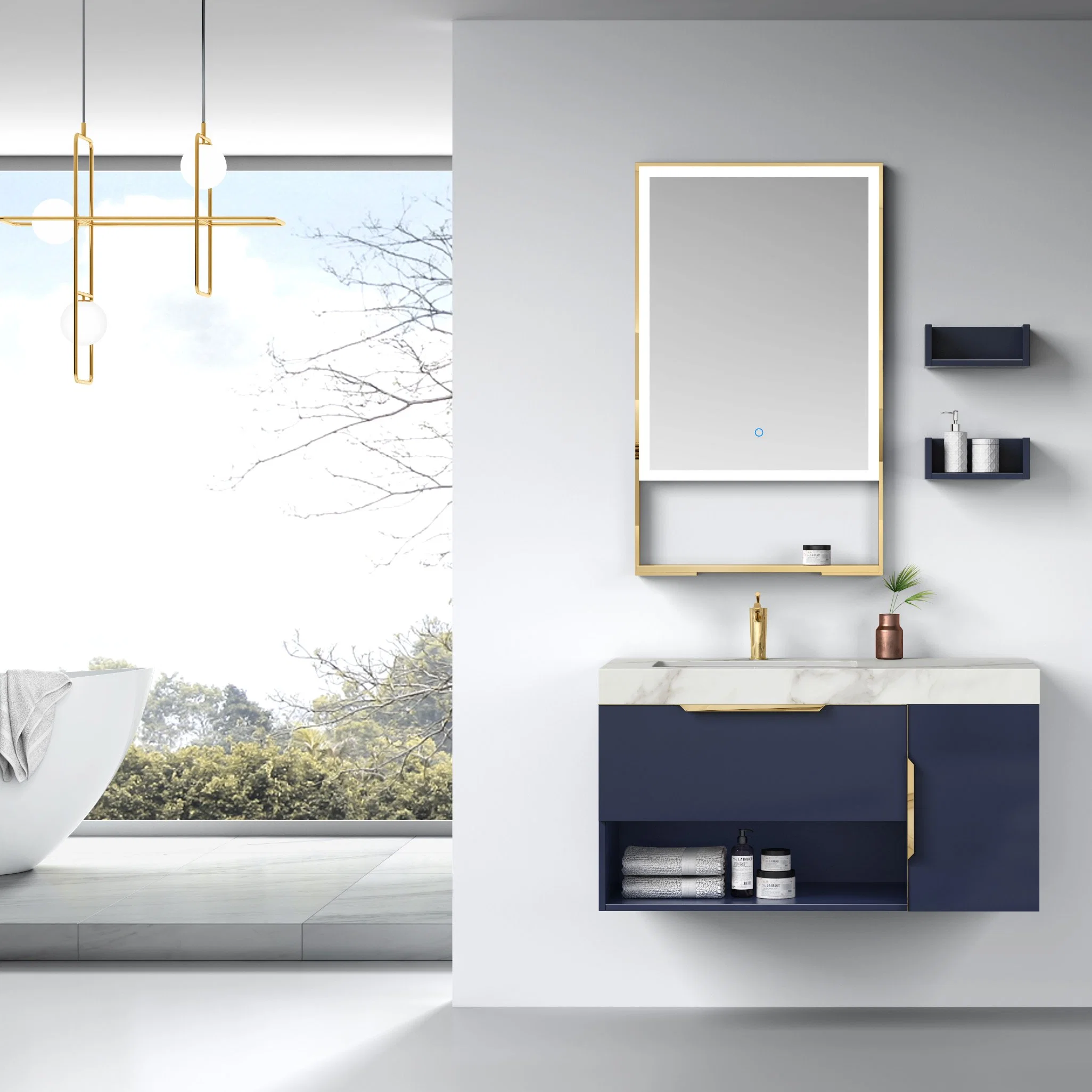 Modern Blue Color Wall Mounted Wash Basin Bathroom Cabinet