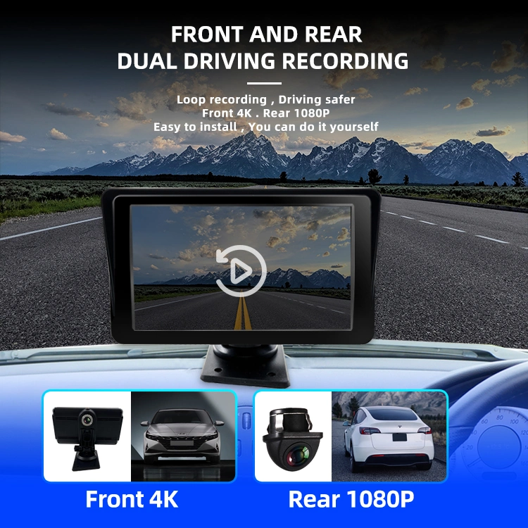 Wemaer 7 polegada de lente dupla 4K+1080P Carro Monitor portátil sem fio Carro Carplay Rádio Leitor estéreo com navegação GPS Android Market Auto