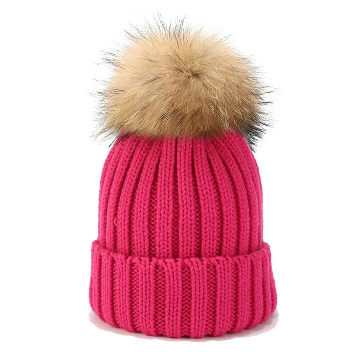 Parent Children Real Fur Pompom Knitted Hat New Candy Colors Winter's Hat Women Knitted Hat Warm Soft Trendy Hat Fashion Beanie Lady's Chic All-Match Hat