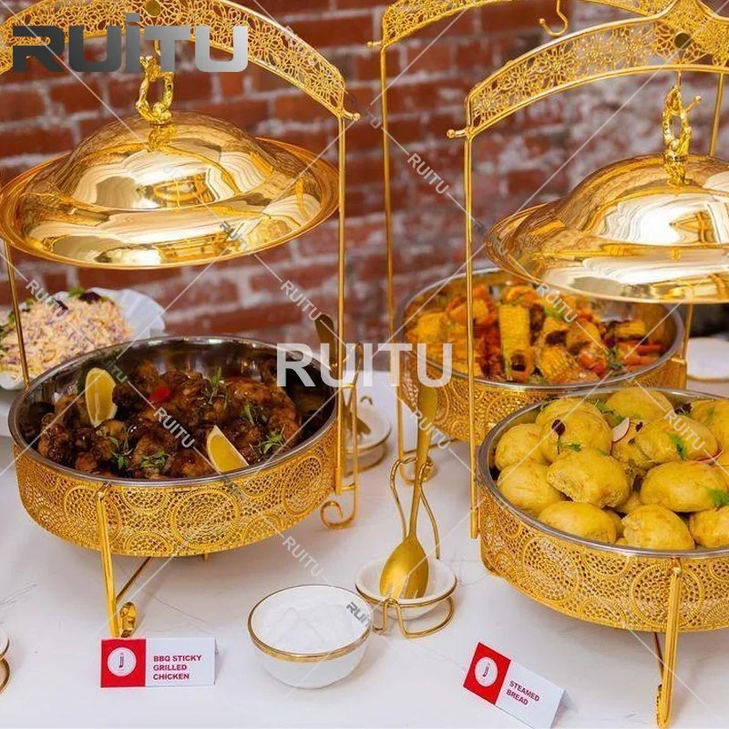 Hotel Restaurant Supplies Luxury Chaffin Dishes Catering Equipment Hanging Glass Lid Round Cheffing Dishes Buffet Stainless Steel Chef in Dish Food Warmer Set