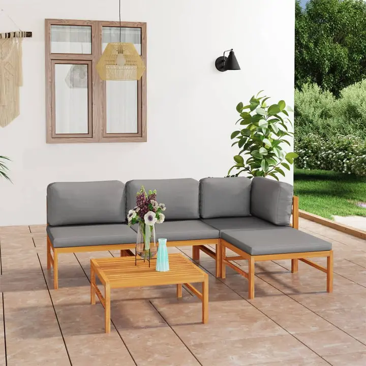 5 piezas Muebles al aire libre Patio Muebles Jardín Salón con Tela Juego de almohadillas grises Madera de teca sólida
