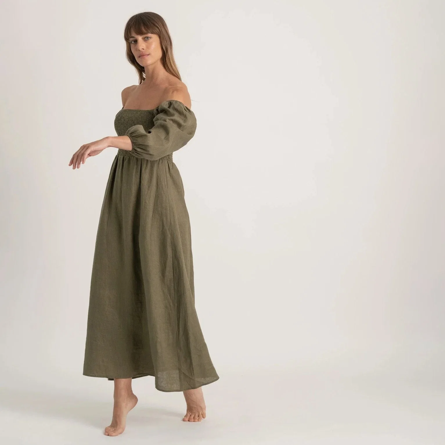 Women's Clothing Linen Casual Square Neck Bubble Sleeve Flared Women's Long Dress