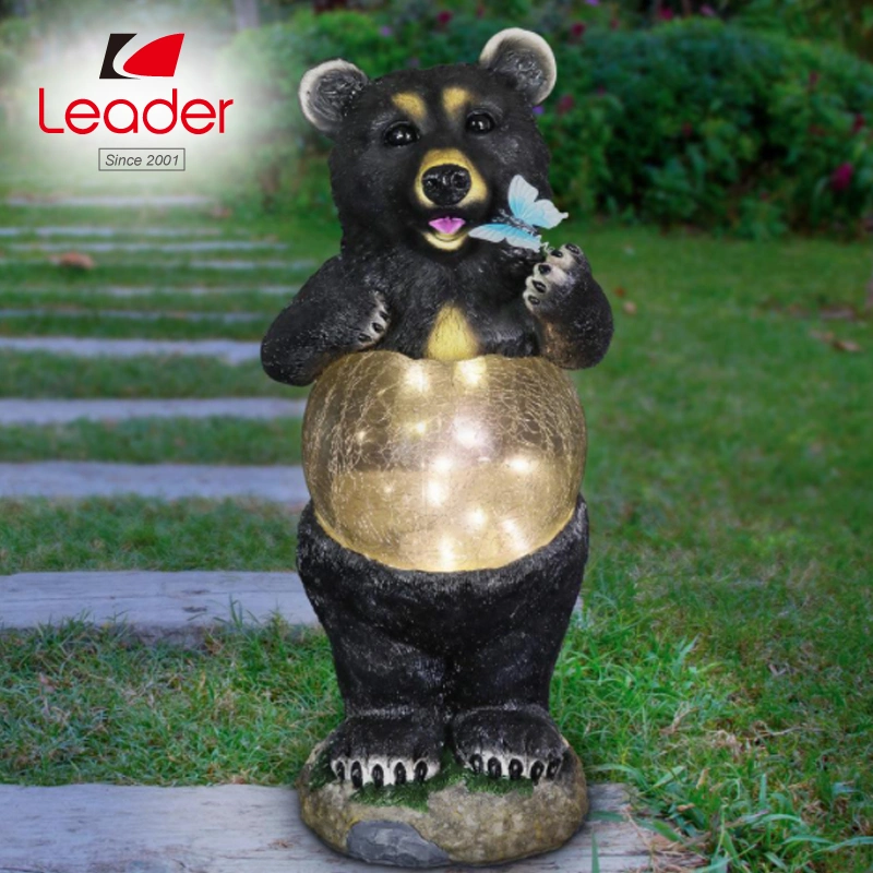 Solar Cat Playing with LED Crackle Ball Garden Statue