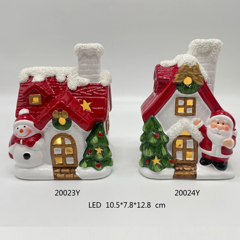 Traditional Ceramic Village House in Red Color with LED Lighting for Christmas Decoration