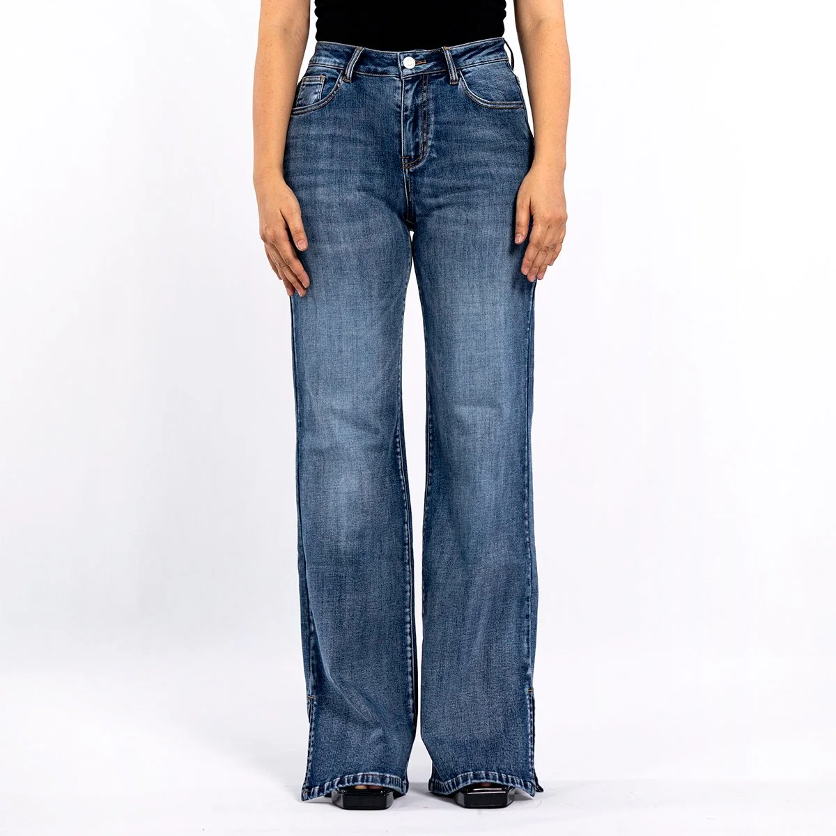 Custom Women Blue Wash Slit - Jeans denim elásticos de pata ancha