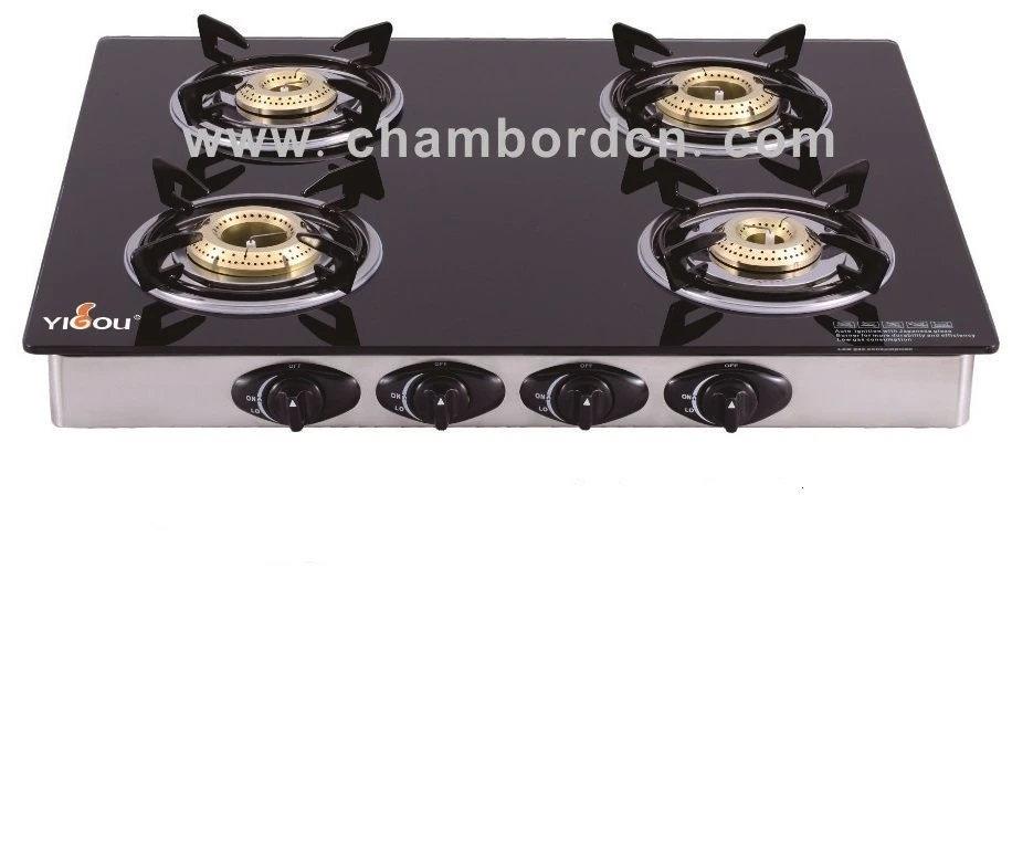 Cooking Appliance 4 Brass Burner Glass Mirror Finish Black Gas Stove