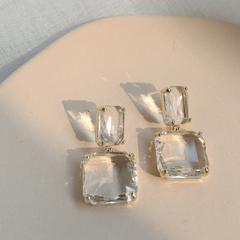 Yp78 Silver Needle Clear Geometric Square Crystal Earrings Wedding Accessory