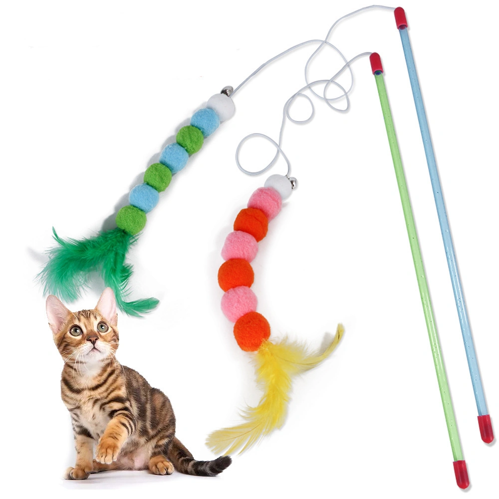 Gato Gato interactivo Juguetes Juguetes de la varita con pluma y caja de seguridad de campana Teaser Cat Catcher Stick juguete colorido y el sonido de la varita de Navidad
