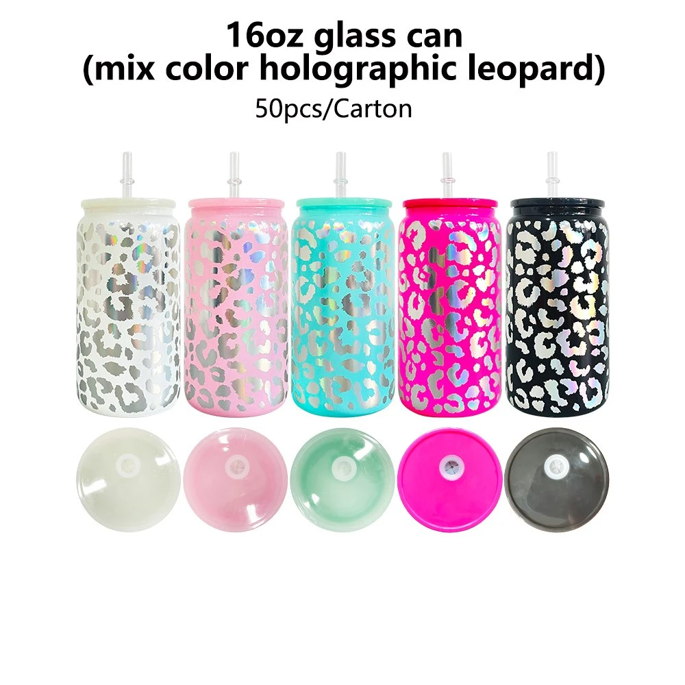 16oz Vinyl Wrap Decal Holographic Leopard Cheetah Print Beer Glass Can with Colorful Plastic Lids