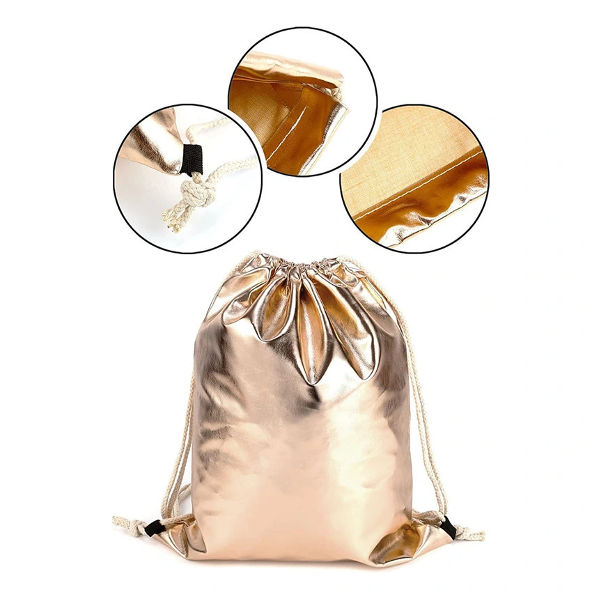 Luxury High quality/High cost performance  Gold Metallic PU Synthetic Leather Drawstring Bags