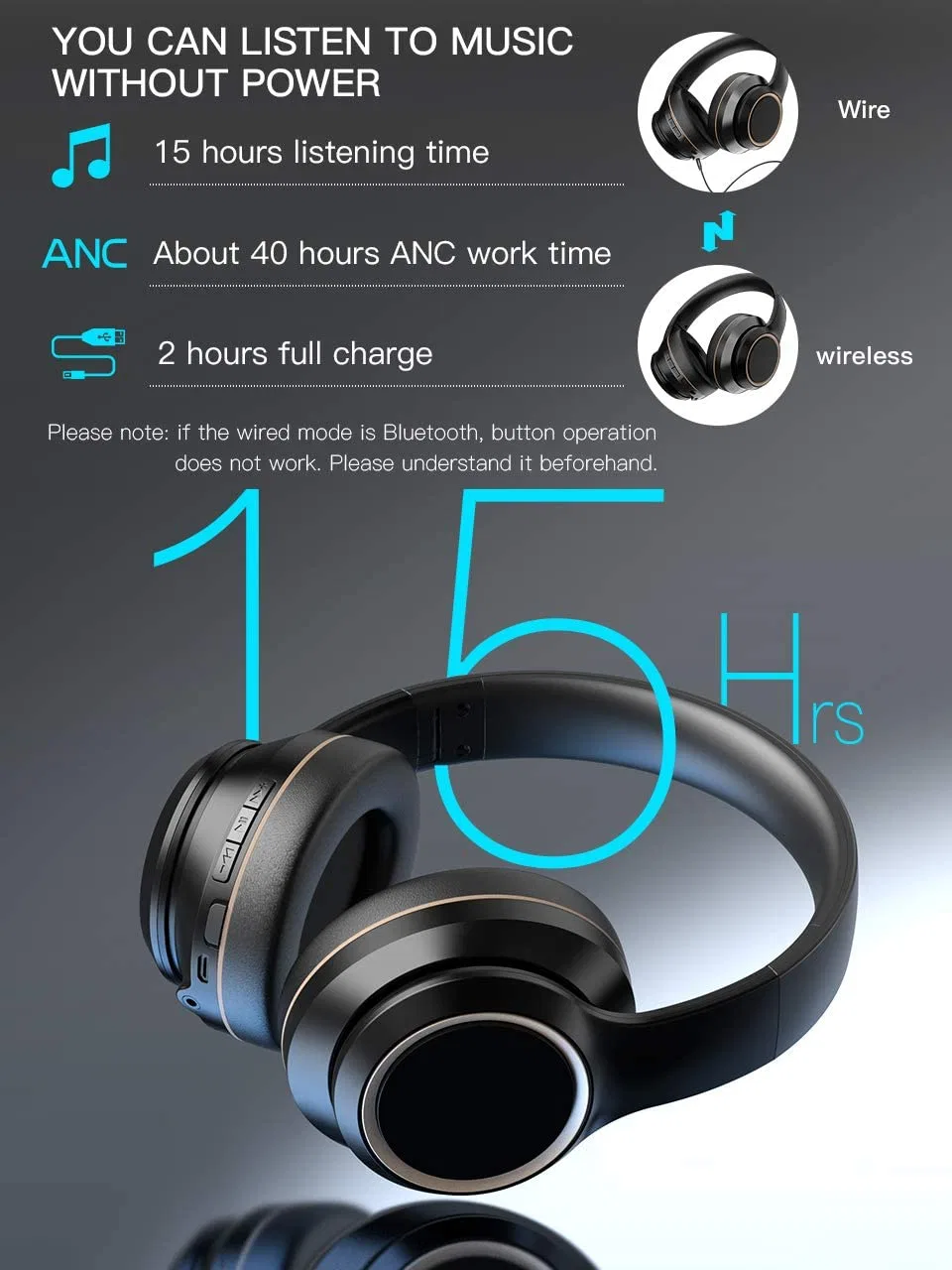 Active Noise Cancelling Wireless Gaming Headphone Computer Over Ear Headset