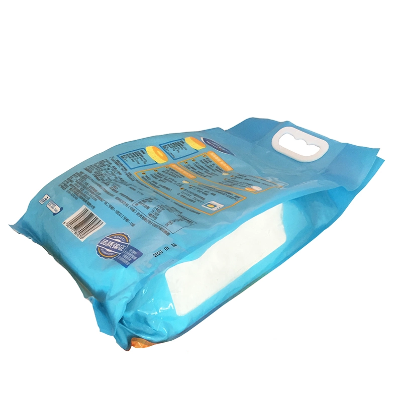 Customized 8 Sides Sealed Plastic Food Pouch, Handle Hang Flat Bottom Transparent Window Wheat Flour Packaging