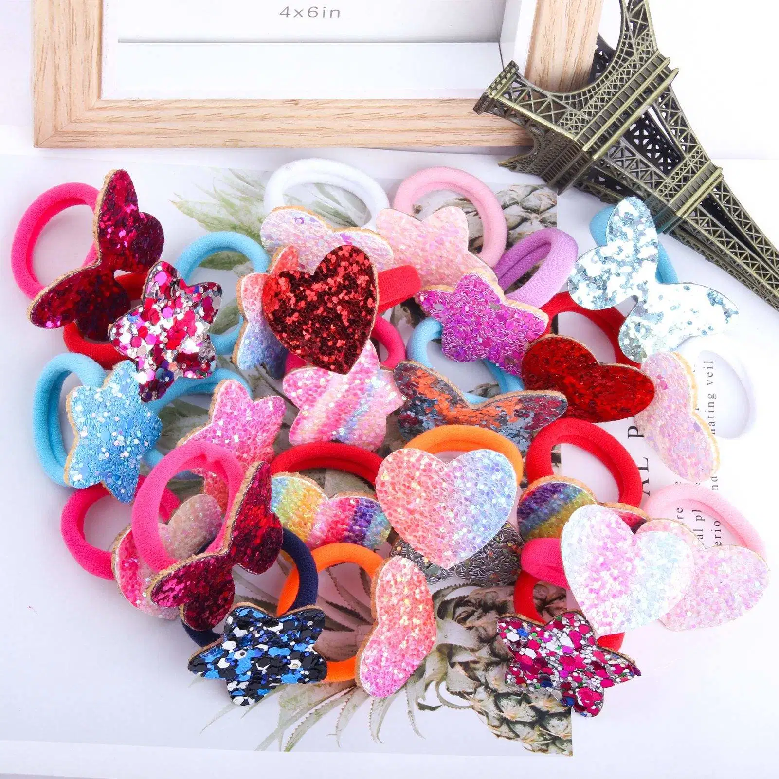 Cross-Border Factory Baby Girls High Elastic Rainbow Gradient Pentacle Heart Glitter Rubber Band