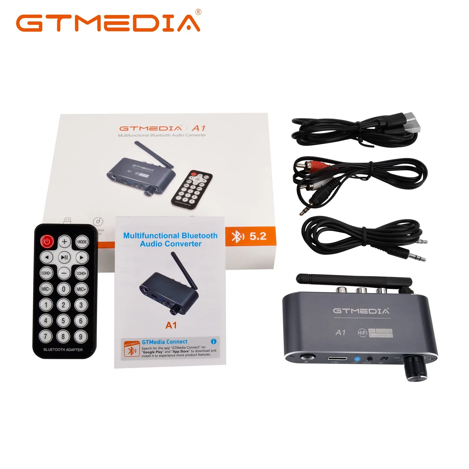 Gtmedia A1 Converter Bluetooth 5,2 receptor Audio coaxial a R/L. 3,5mm adaptador Aux compatible con la mayoría de smartphones