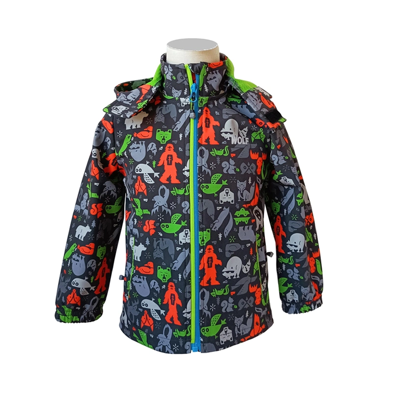 Printed Jacket for Boy Girl with Zippered Hoodie, and Waterproof, Windproof, Breathable