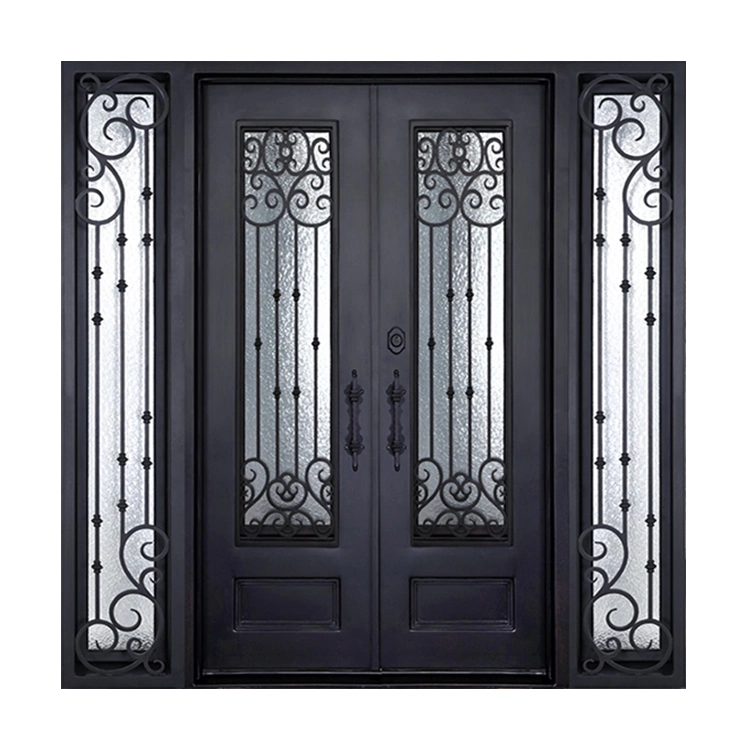 China Design Custom Residential Exterior Security Entry Double Swing Metal Wrought Iron Doors