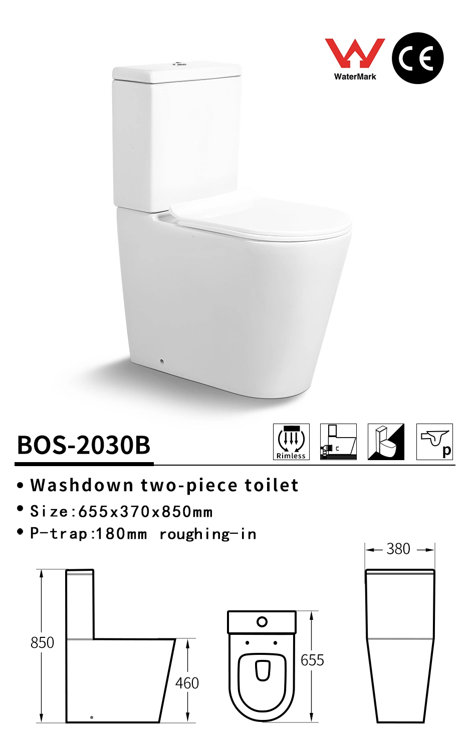 P-marca de agua de la trampa de wc Rimless Wc cuarto de baño Wc de dos piezas cuadradas CE