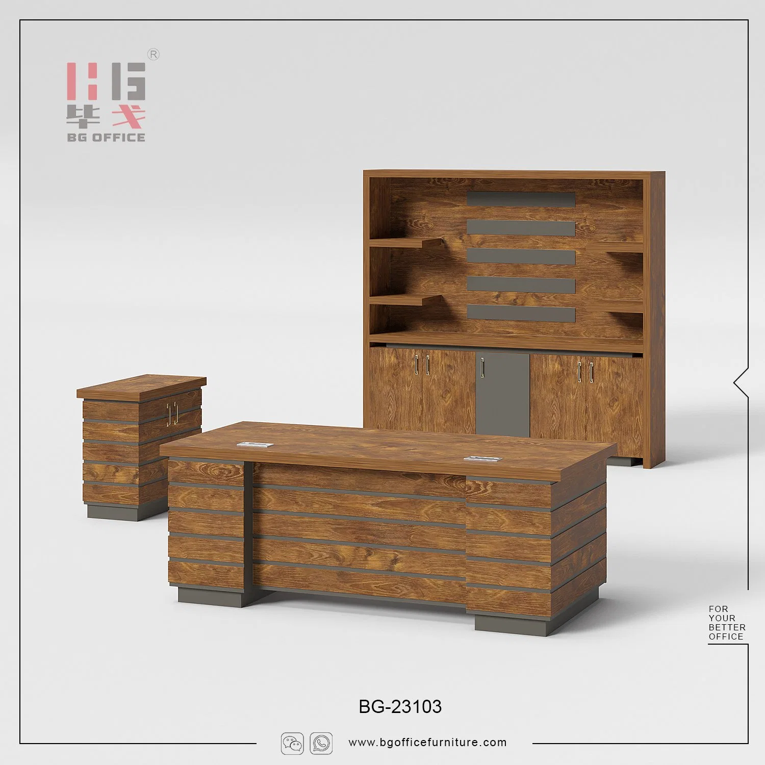 Luxueux mobilier de bureau haut de gamme en bois ensemble de table de bureau avec armoire