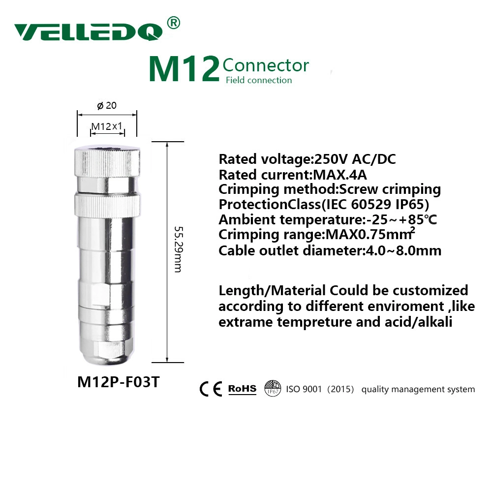 M12 Connector 3 Pin Female Straight with Shield