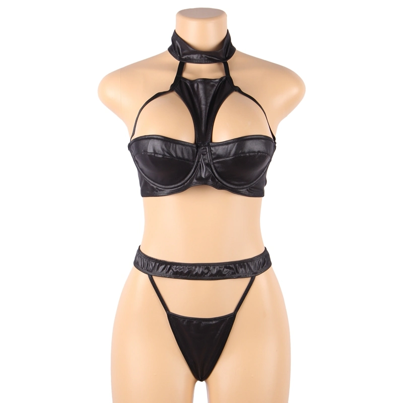 Ensemble de lingerie sexy en cuir noir transparent de haute qualité pour femmes, soutien-gorge et sous-vêtements grande taille.