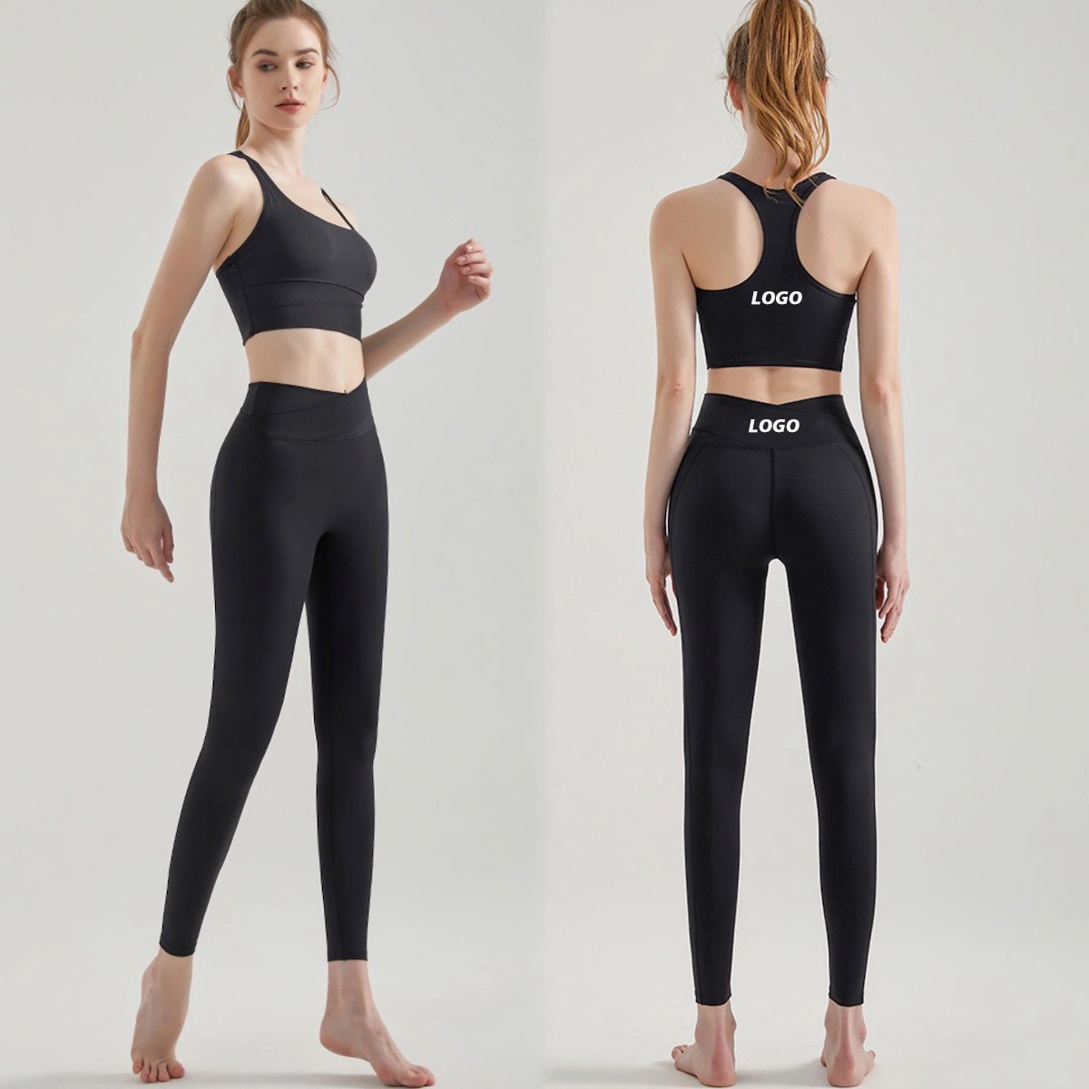 New Chic Patchwork Design Working out Clothes Fitness Wear for Women, Custom Sports Bra + Cross Waisted Running Leggings 2 Piece Sexy Active Yoga Sets