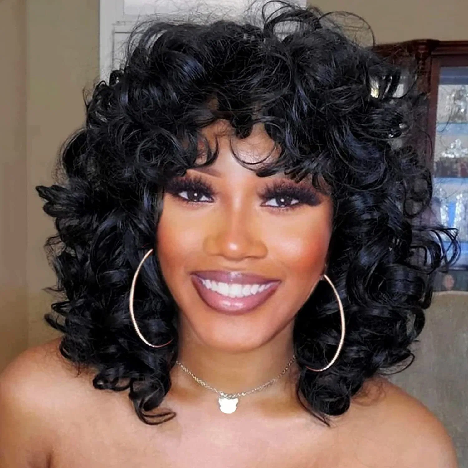 Amazon New Black Rose Web Natural African Small Short Fluffy Curly Synthetic Wig