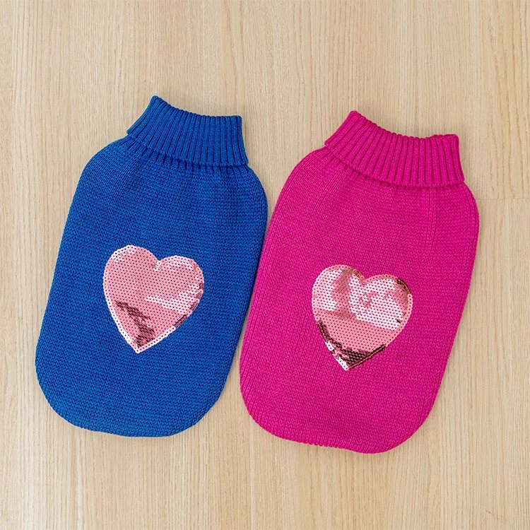 Rena Pet Sequin Heart Design High Quality Autumn Winter Clothes Warm Knitted Sweater for Pet