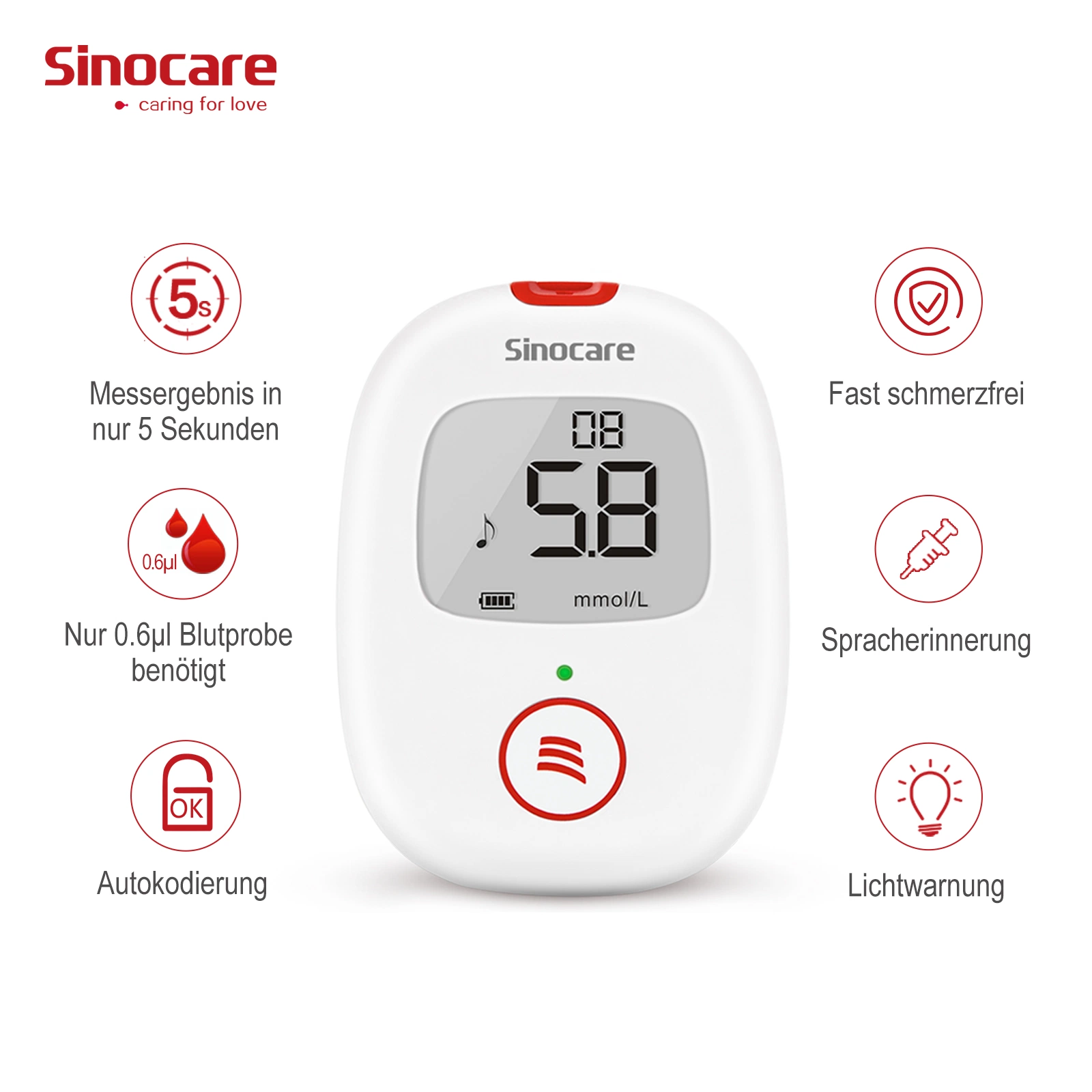 Sinocare Active Blood Glucose Glucometer Kit with Vial of 25 Strips, 25 Lancets, and a Lancing Device Free