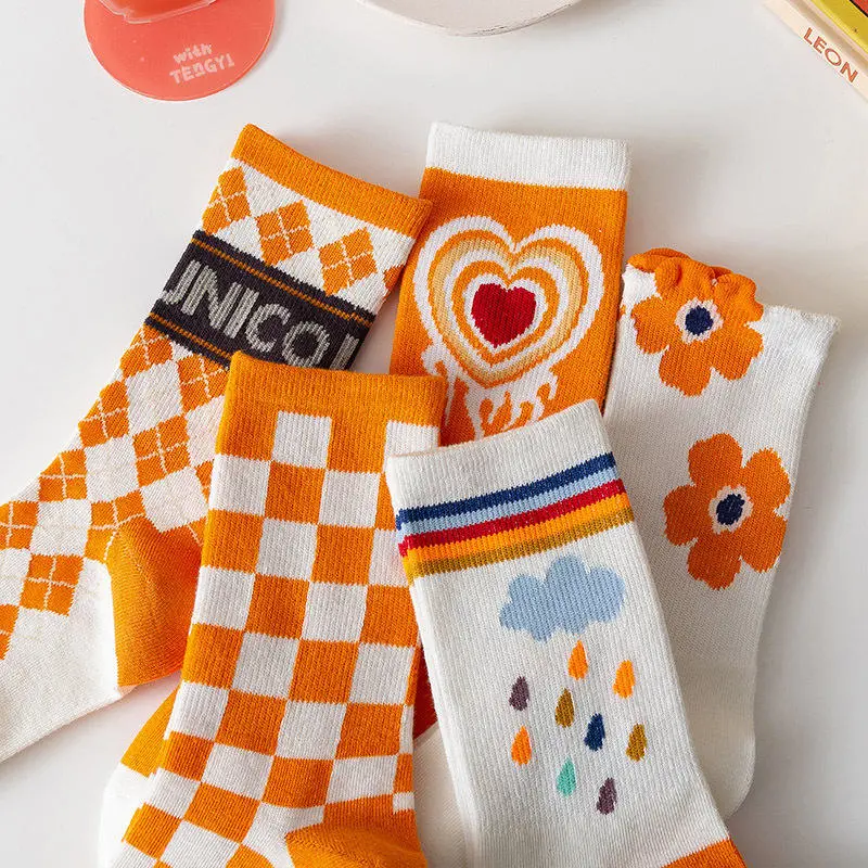 Cartoon Pattern Socks Pure Cotton School Orange Series Socks