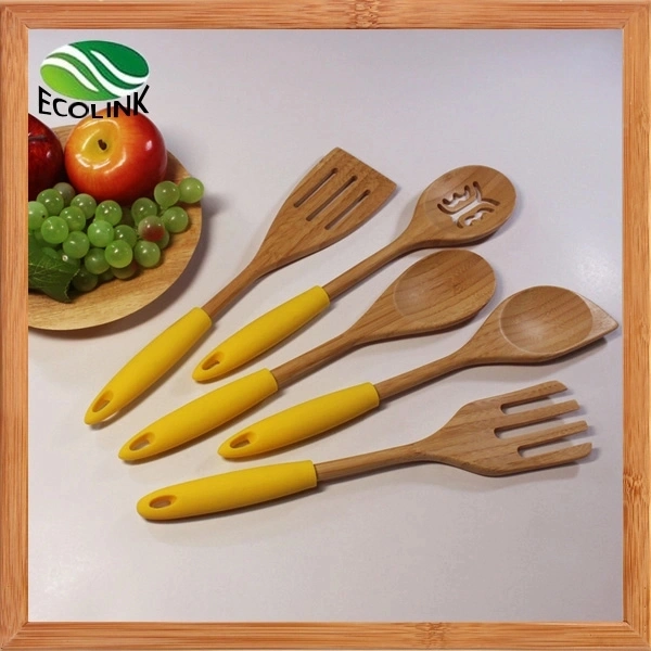 Manche en silicone coloré cuillère de cuisson en bambou ensemble d'outils pour ustensiles de cuisine