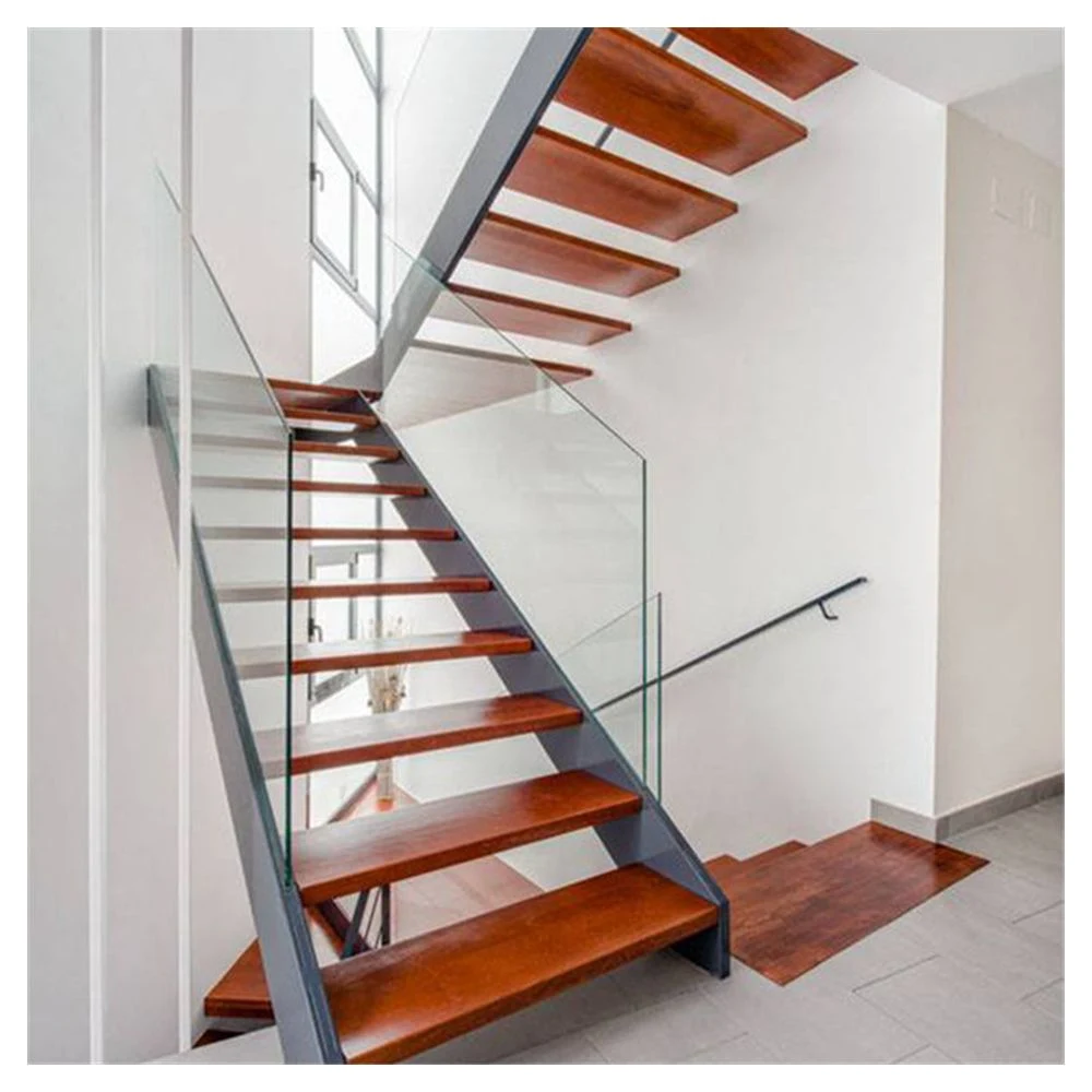 Custom Carbon Steel Straight Staircase with Wood Steps Glass Railing