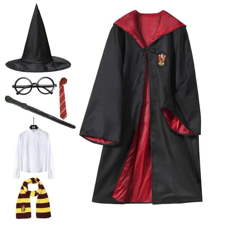 Halloween Costumes Cosplay Anime Harry Robe Magic Wands Black Hat Striped Necktie Scarf Cloak for Adult Kids