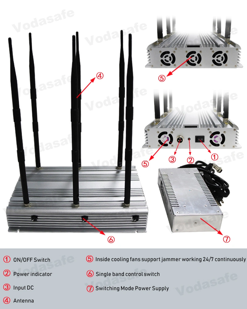 6 Antennen 90W High Power Digital RF Prison Jammer 2g 3G 4G WiFi GPS Prison Jammer System