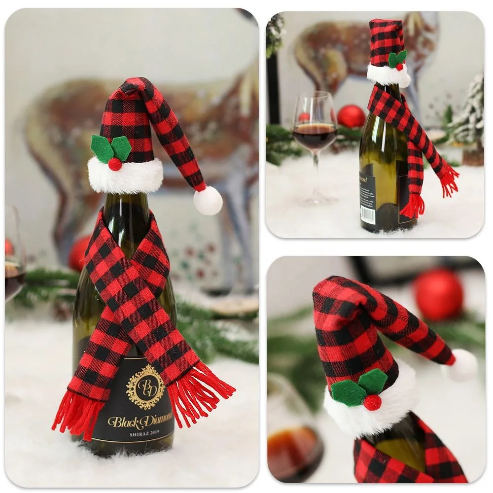 Two-Pieces Set Christmas Hat and Scarf Wine Cover Christmas Decoration