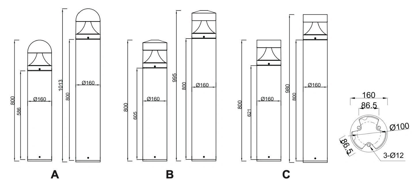 LED Lawn Light, LED Bollard Light, 10W, 14W, 20W, 24W, 30W, with Aluminum Die Casting Heatsink.