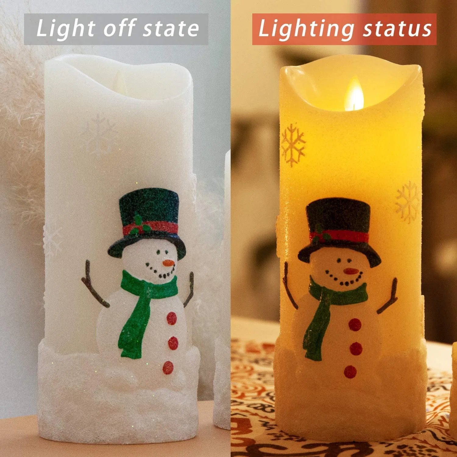 Télécommande Minuteur effet de mouvement clignotant bougie lumineuse LED pilier de bonhomme de neige Pour Noël décoratif