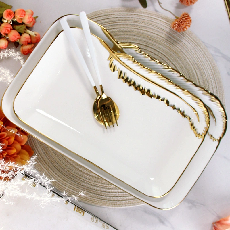 Ry006 Wholesale/Supplier Wedding Charger Plates White Soup Bowl Porcelain Gold Feather Rim Dinnerware Sets for Hotel Restaurant