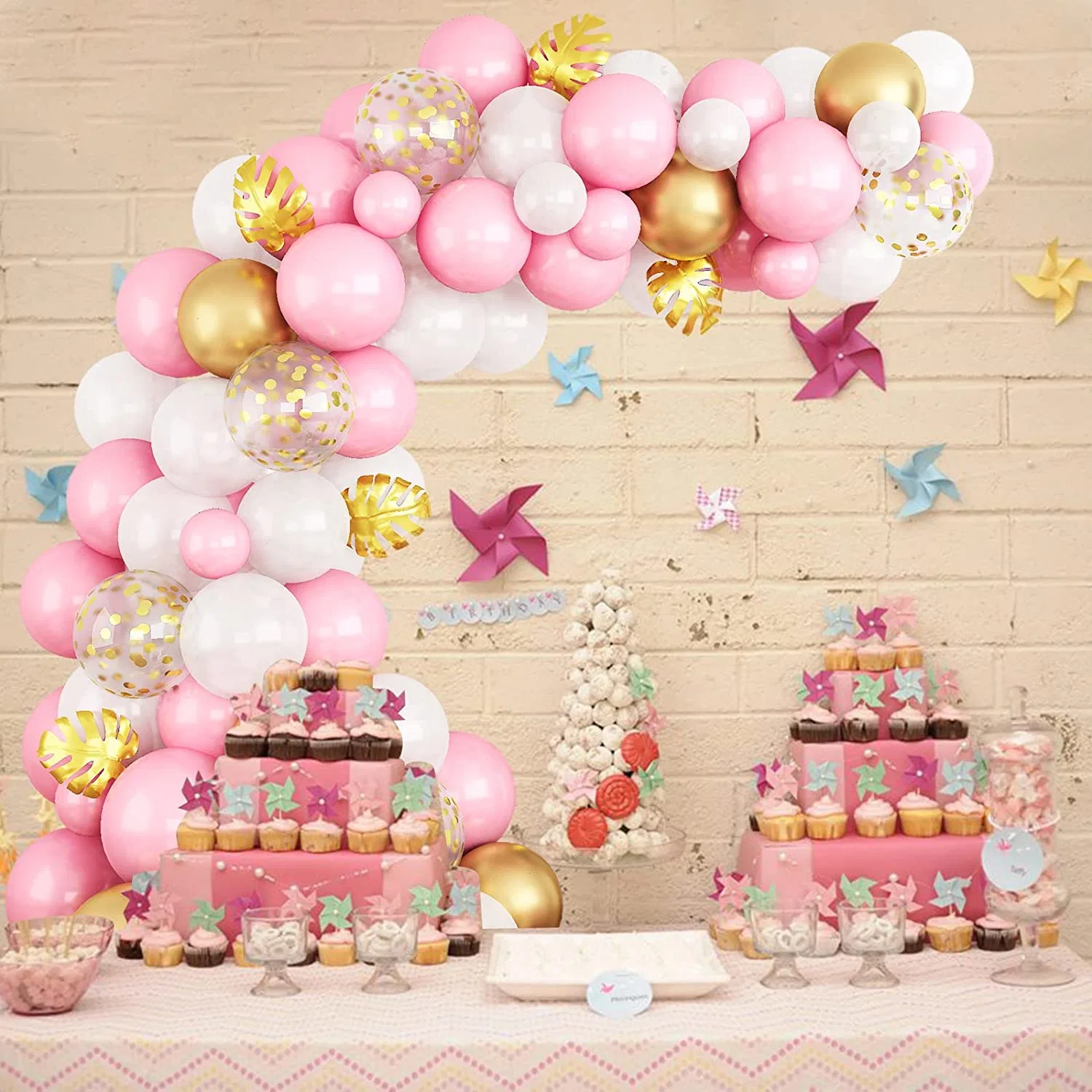 95PCS Pink White Balloon Garland Arch Kit, Latex Balloon with Metal Gold Balloon Confetti Balloons for Birthday Baby Shower Graduation Wedding Party Decorations