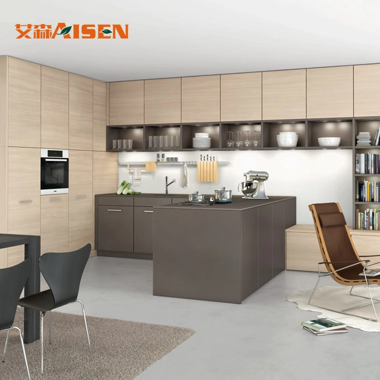 Two-Tangle Style Wooden Grain and Matt Brown Lacquer Kitchen Cabinet Designs Features LED Open Shelf