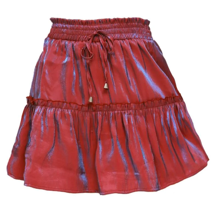 Satin Short Skirt Women Shinny Polka DOT Pleated Mini Skirt with Drawstring