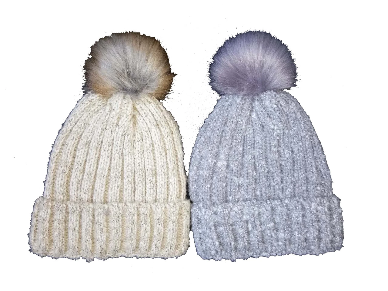 Lady Winter Warm Fashion Knitting Boucle Bobble Hat with Fake Fur Pompom
