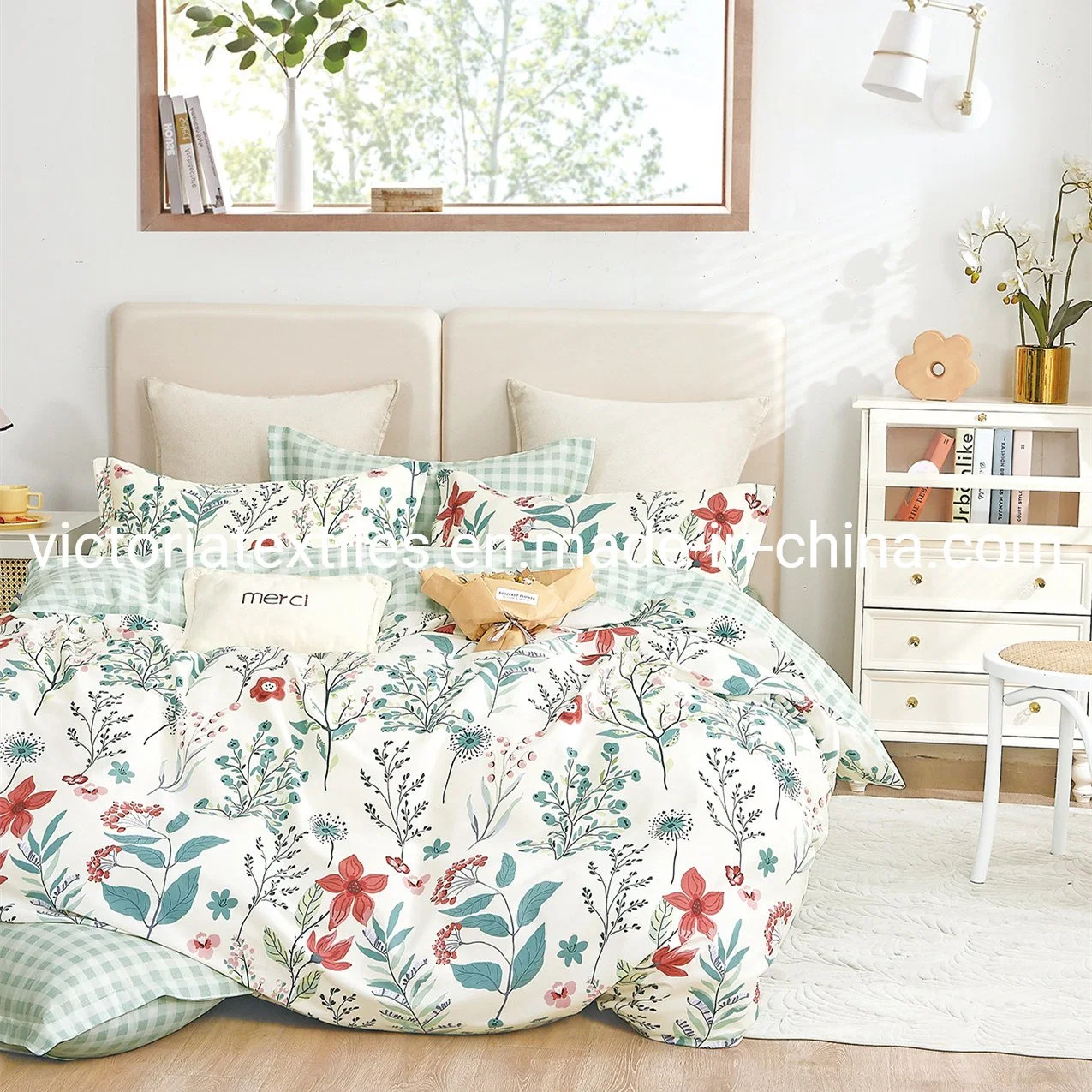 Spring Flower Printed Cotton Bedding Blanket Cover Set, 4PCS Bed Cover Set