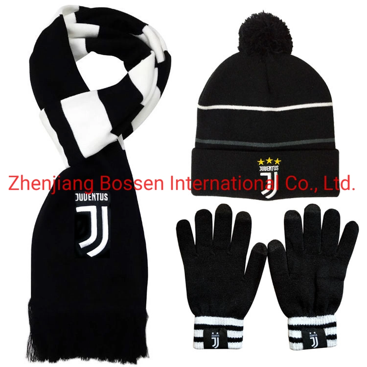 Logo brodé personnalisé OEM Les fans de football Gants tricotés avec manchettes Beanie Cap foulard défini