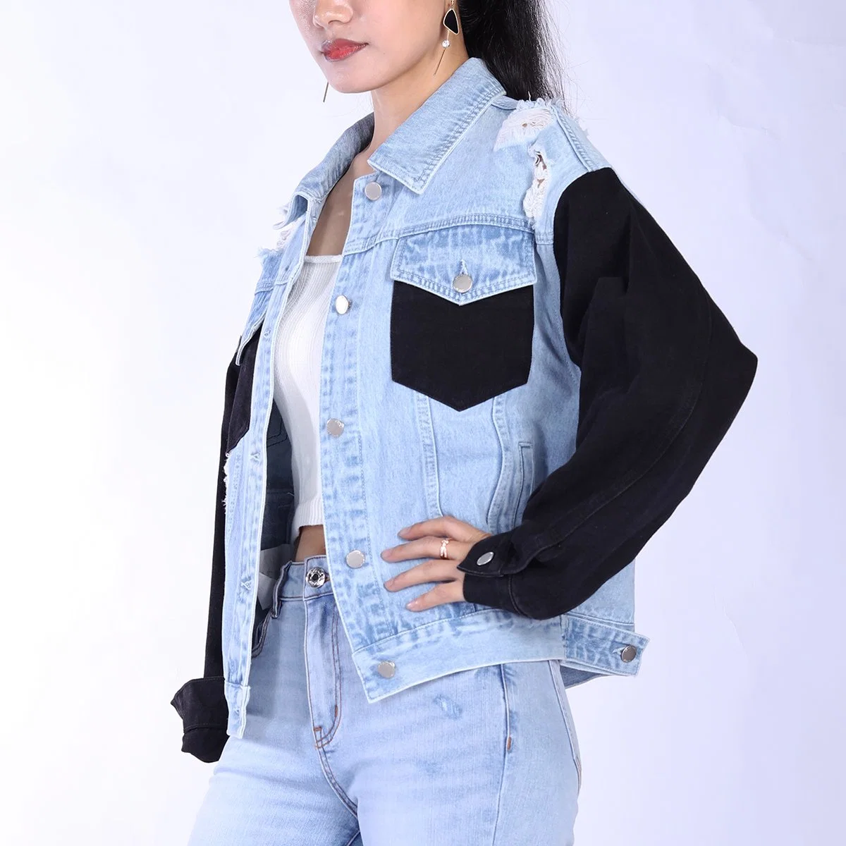 Custom Breathable Ripped Designed Collar Down Patckwork Denim Women Motorcycle Jackets