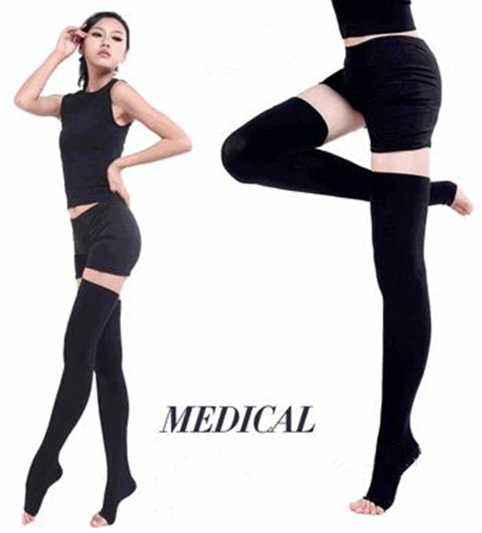 precio de fábrica Unisex vena varicosa médica de alta del muslo calcetines medias de compresión de los 3 niveles