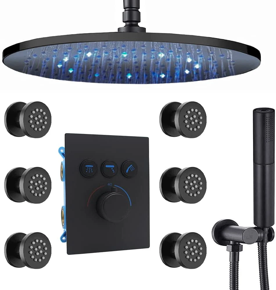 12 Zoll LED rund Duschsystem, Decke Regen Dusche Wasserhahn Fixture Set, Duschkopf und Handheld mit 6 Ganzkörper-Spray Jets (Mattschwarz)