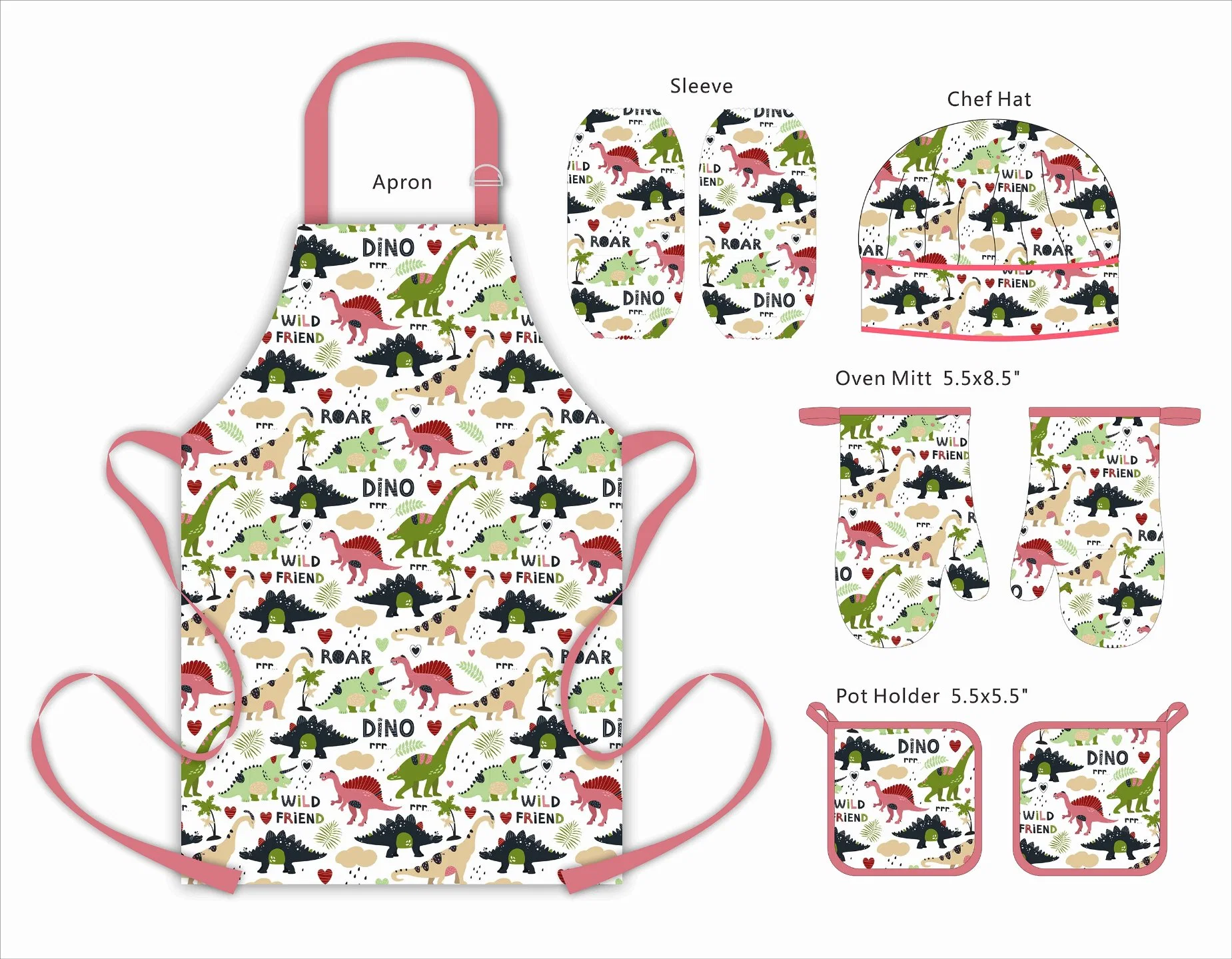 Kids Apron Set Super Dino Printed Chef Costume Set for Kids